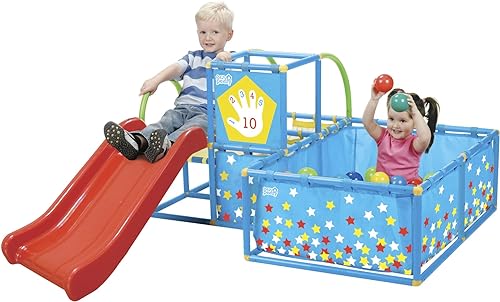 Eezy Peezy Active Play 3 In 1 Jungle Gym Play Set red slide with blue climber and ball pit decorated with stars
