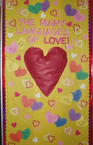 The many languages of love Valentines Day Door Display idea